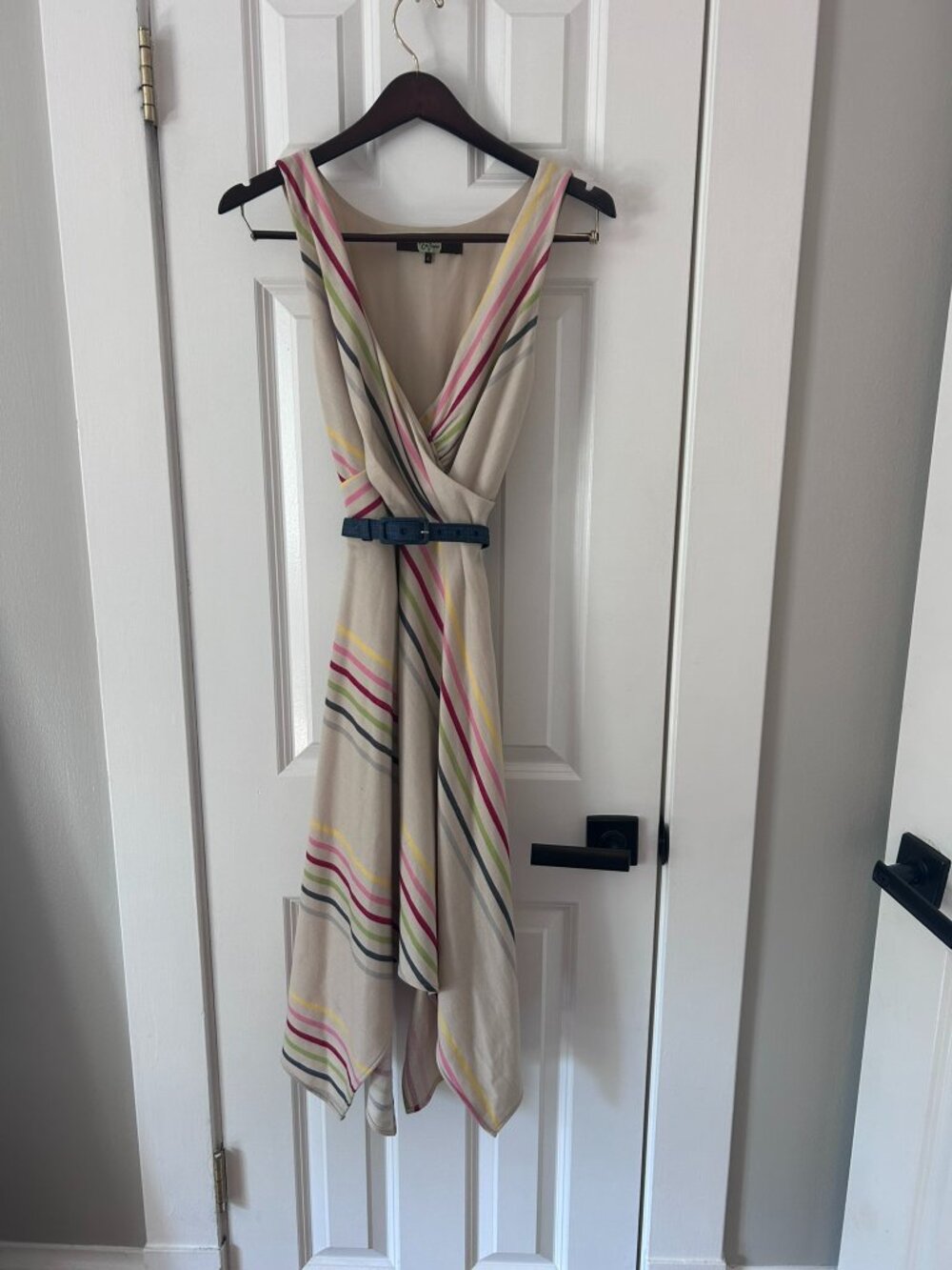 Eva Franco Anthropologie Striped Faux Wrap Handkerchief Hem Dress w/ Belt Sz 6